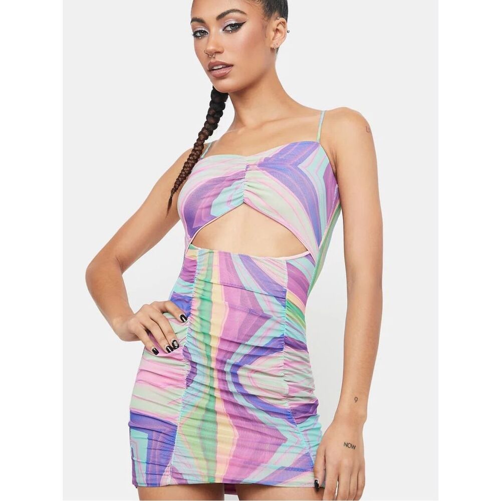 Black Bead Ruched Cut Out Swirl Print Dress Rainbow Women’s Small